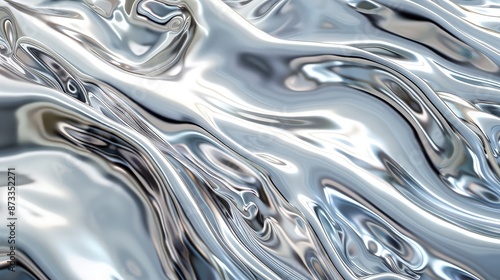 An artistic representation of technology waves using silver and metallic textures that mimic a liquid metal, flowing and merging on a monochromatic scale.