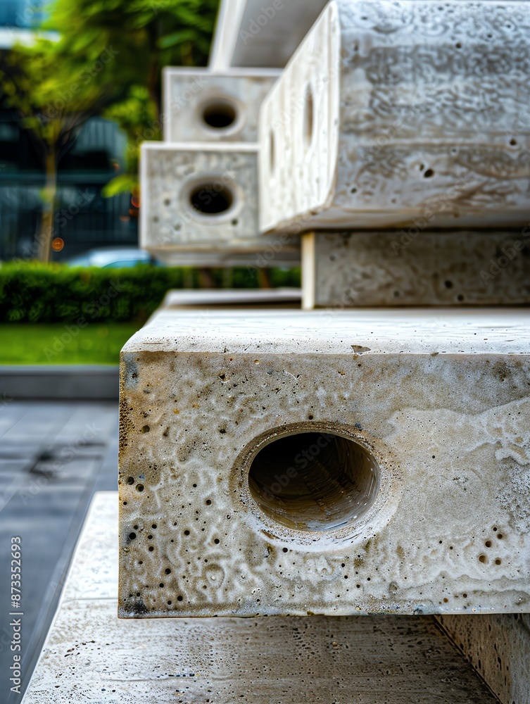 Closeup of a stacked concrete bench with holes. Closeup of a stacked concrete bench with holes.