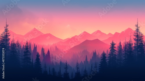 Landscape with mountains and trees, soft gradients, high detail, minimalistic design, calming colors