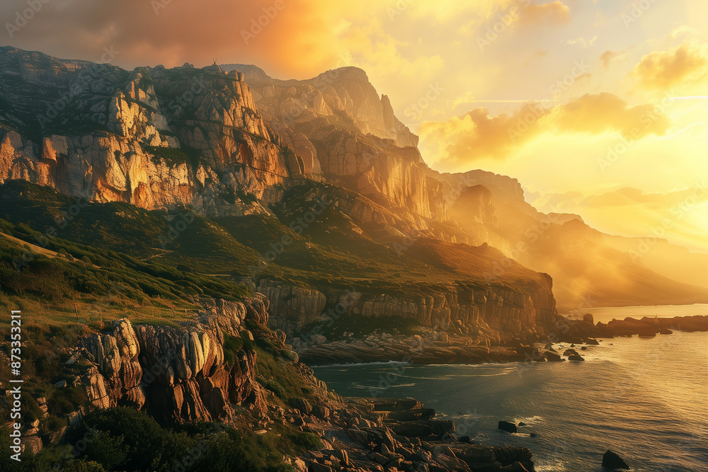 A breathtaking landscape showcasing a majestic mountain range bathed in golden sunlight, with rugged cliffs and a serene ocean view at sunset A breathtaking landscape showcasing a majestic mountain range bathed in golden sunlight, with rugged cliffs and a serene ocean view at sunset