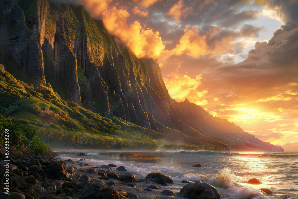 Fototapeta premium A breathtaking landscape showcasing a majestic mountain range with towering cliffs and lush greenery at sunset, complemented by a tranquil beach with waves gently lapping against smooth pebbles