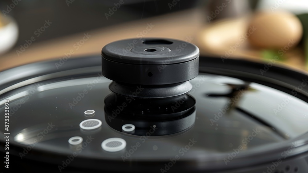 A detailed shot of the egg cooker lid highlighting the steam vent that releases excess steam during cooking. The vent is strategically p to prevent any splattering making for a messfree A detailed shot of the egg cooker lid highlighting the steam vent that releases excess steam during cooking. The vent is strategically p to prevent any splattering making for a messfree