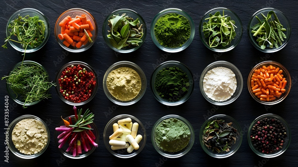 Assortment of fresh and healthy vegetables in bowls on a dark background Assortment of fresh and healthy vegetables in bowls on a dark background