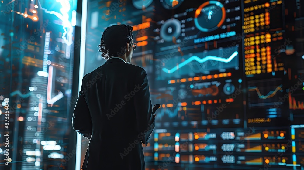 Business professional analyzing data on an advanced digital screen, immersed in futuristic technology in a modern office environment. Business professional analyzing data on an advanced digital screen, immersed in futuristic technology in a modern office environment.