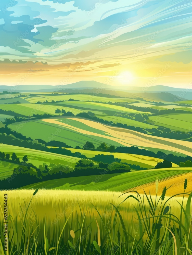 A beautiful landscape with a large field of green grass and a bright sun in the sky. The sun is setting, creating a warm and peaceful atmosphere A beautiful landscape with a large field of green grass and a bright sun in the sky. The sun is setting, creating a warm and peaceful atmosphere