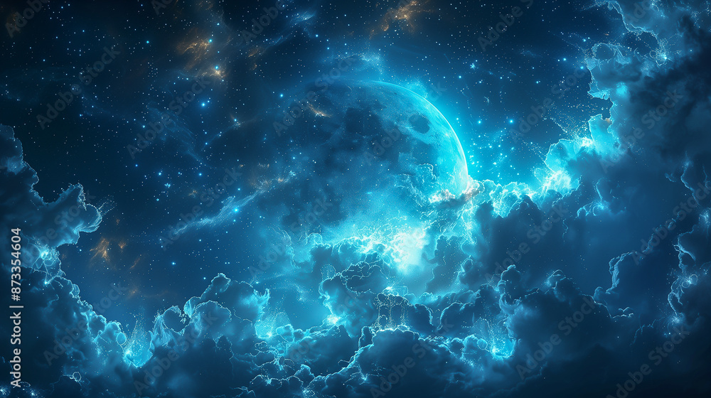 Obraz premium Mystical Blue Nebula with Illuminated Clouds and Stars