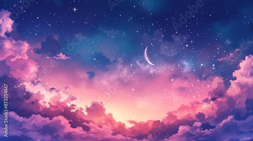 Twilight sky with crescent moon and stars is serene and romantic, filled with celestial wonder and aweinspiring beauty