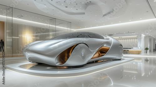 Sleek Futuristic Car in Modern Showroom