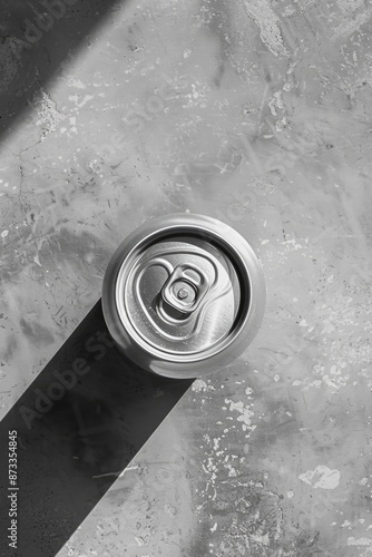 A can of soda is sitting on a grey surface. The can is open and the lid is off
