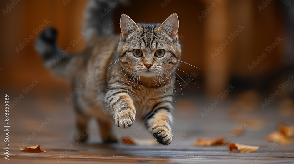 Playful Kitten Exploring Indoors with Autumn Leaves Playful Kitten Exploring Indoors with Autumn Leaves