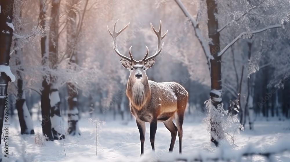 Deer in winter forest. Wild animal in winter forest. Wildlife scene. Deer in winter forest. Wild animal in winter forest. Wildlife scene.