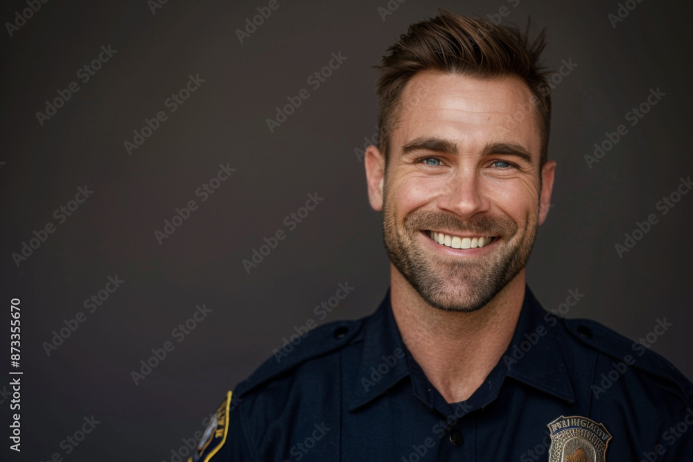 Fototapeta premium Caucasian handsome man smiling, police uniform isolated on a blacj background