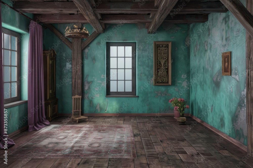 Interior of the old room with a large window. Interior of the old room with a large window.