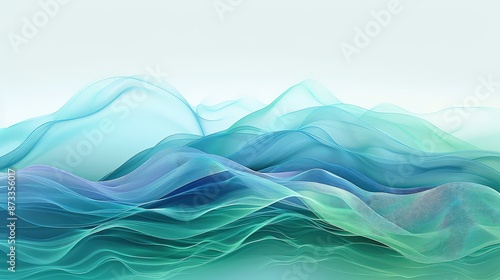 Fototapeta Naklejka Na Ścianę i Meble -  An elegant 3D banner featuring a wave in a serene blue and green gradient, simulating the calming effect of ocean waves in abstract form.
