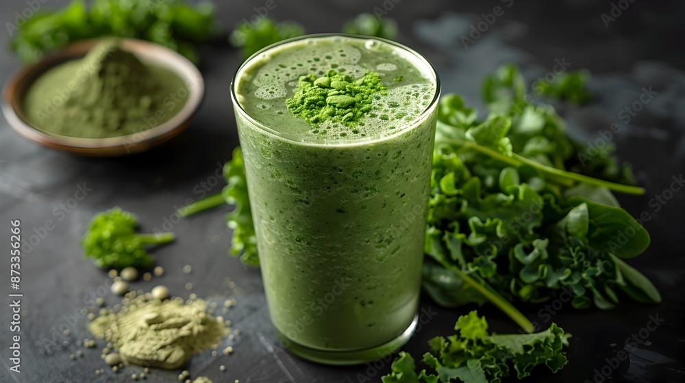 Vibrant Green Vegetable Smoothie in Glass Enriched with Superfood Ingredients Vibrant Green Vegetable Smoothie in Glass Enriched with Superfood Ingredients