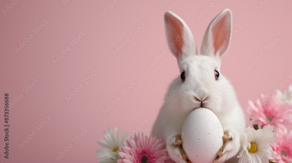 background with a cute bunny holding an Easter egg surrounded by spring flowers on a light pink background, with empty space for New Year's and holiday greetings
background with a cute bunny holding an Easter egg surrounded by spring flowers on a light pink background, with empty space for New Year's and holiday greetings