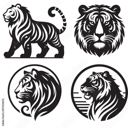 4 sets black of  tiger silhouette isolated on white background png jpeg eps transparents