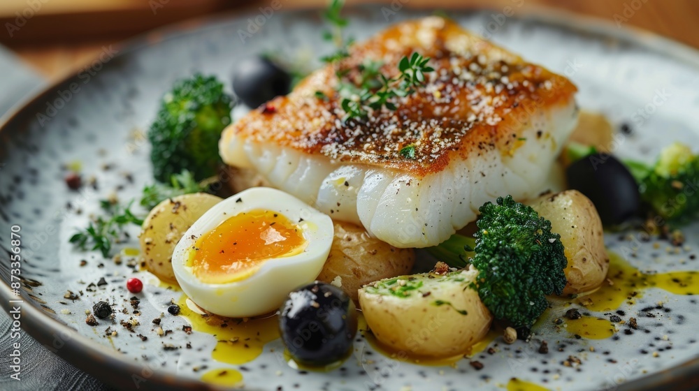 Cod loin fillet being served on plate with potatoes, broccoli and boiled egg Cod loin fillet being served on plate with potatoes, broccoli and boiled egg