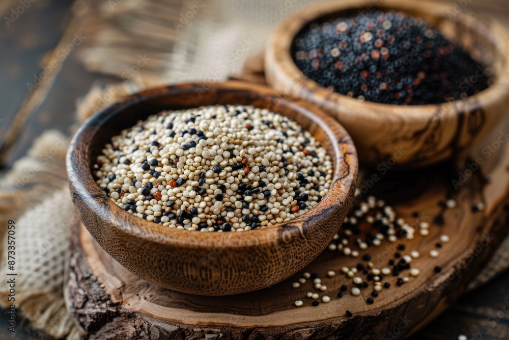 Two bowls of quinoa are on a wooden table. One bowl is full and the other is half full Two bowls of quinoa are on a wooden table. One bowl is full and the other is half full