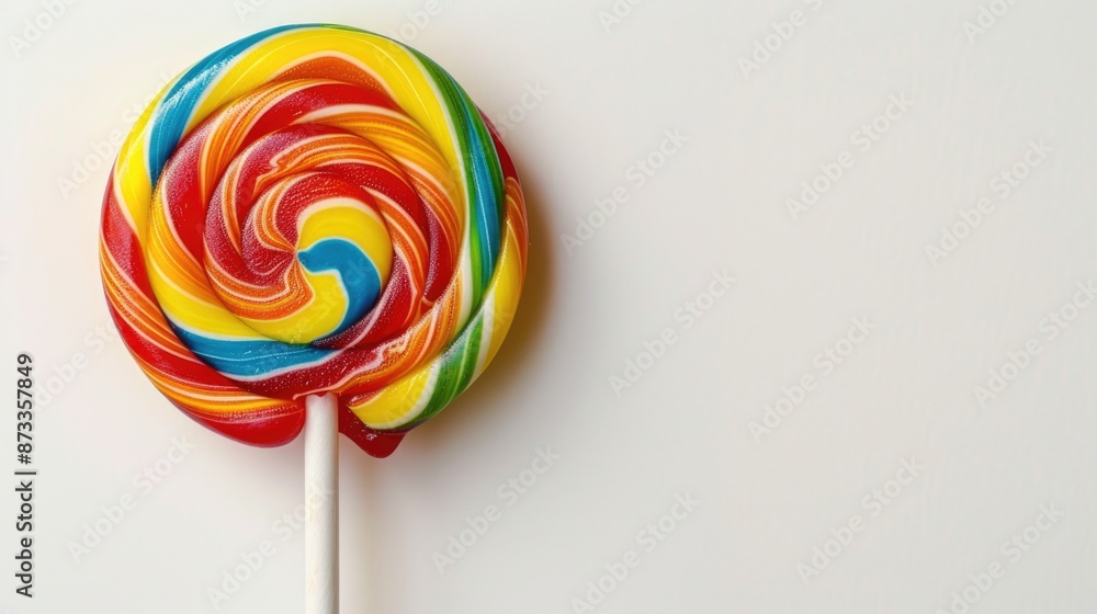 A rainbow lollipop with a white stick. The colors are bright and cheerful A rainbow lollipop with a white stick. The colors are bright and cheerful