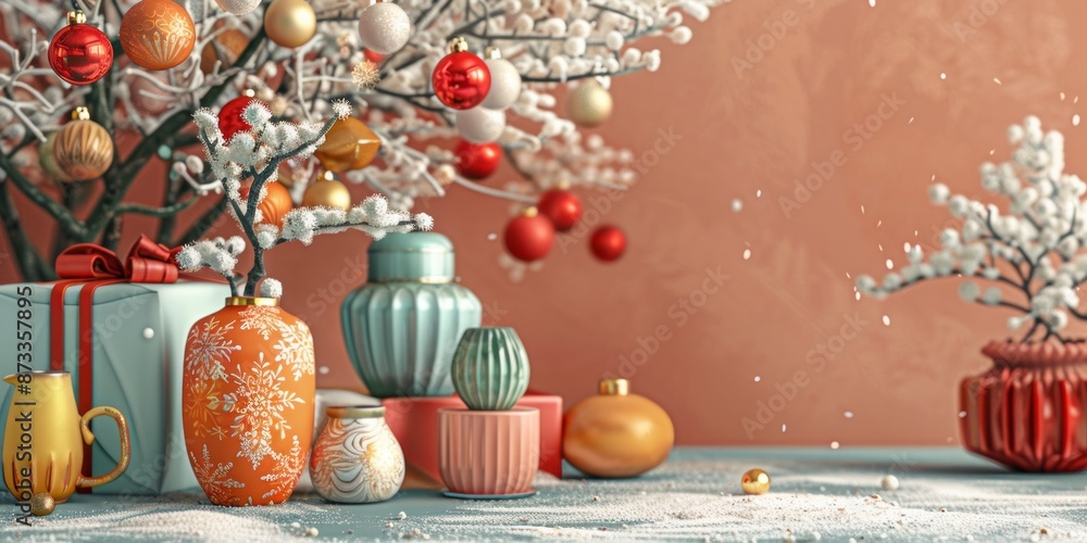 Festive Still Life with Ornaments and Snowy Branches in Warm Pastel Colors Festive Still Life with Ornaments and Snowy Branches in Warm Pastel Colors