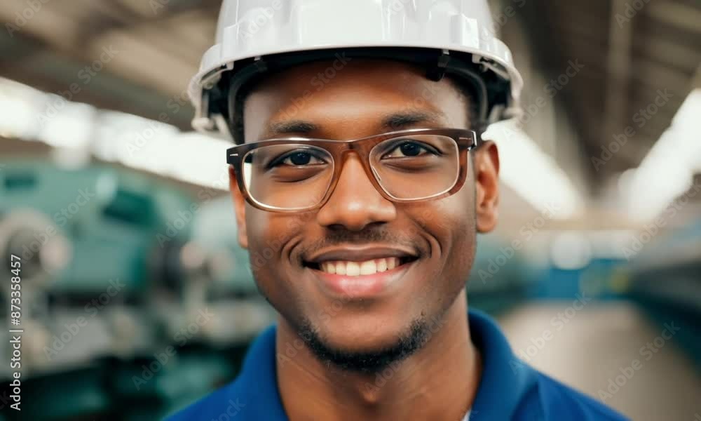 Proud manufacture employee looking camera smiling. Portrait engineer Proud manufacture employee looking camera smiling. Portrait engineer