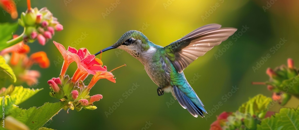 Hummingbird in Flight. Tiny Bird Sipping Nectar from Vibrant Orange Flowers Hummingbird in Flight. Tiny Bird Sipping Nectar from Vibrant Orange Flowers