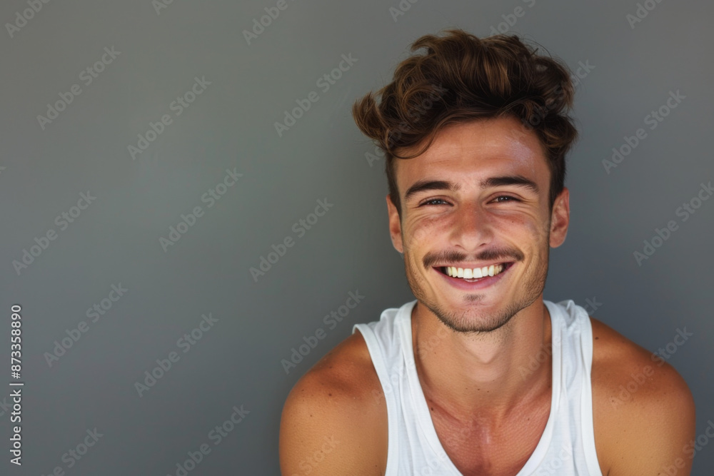 Caucasian handsome man smiling, singlet isolated on a gray background Caucasian handsome man smiling, singlet isolated on a gray background