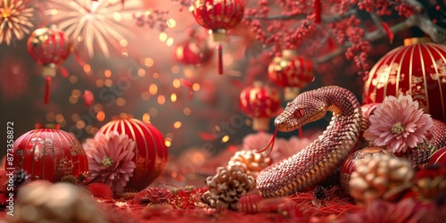 Festive Lunar New Year Serpent Amidst Lanterns and Blossoms