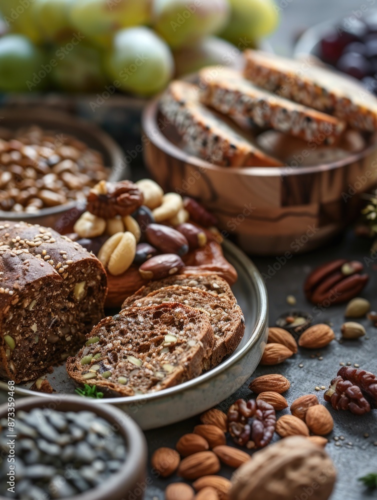 A plate of bread and nuts is on a table with other food items. The bread is cut in half and placed on a white plate A plate of bread and nuts is on a table with other food items. The bread is cut in half and placed on a white plate
