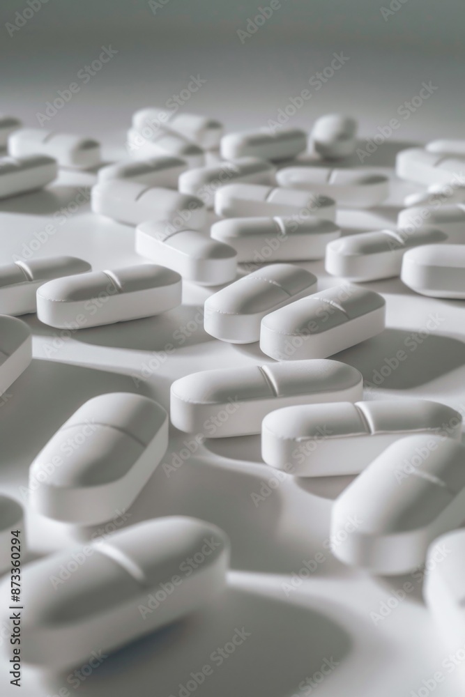A pile of white pills on a table. The pills are all the same size and shape. Concept of order and uniformity A pile of white pills on a table. The pills are all the same size and shape. Concept of order and uniformity
