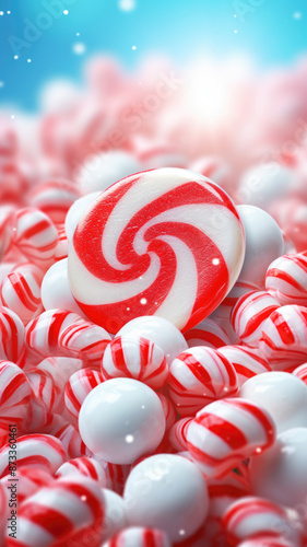 Red and white swirled lollipop, light bokeh Christmas holiday vertical background