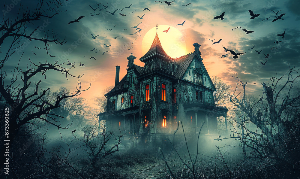 Obraz premium Spooky Haunted House with Crows and Full Moon Eerie Atmosphere, Abandoned Gothic Mansion in Foggy Night for Halloween Themes and Horror Concepts