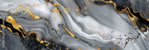 Abstract grey and gold marble texture with fluid patterns and metallic accents, creating a stylish design.