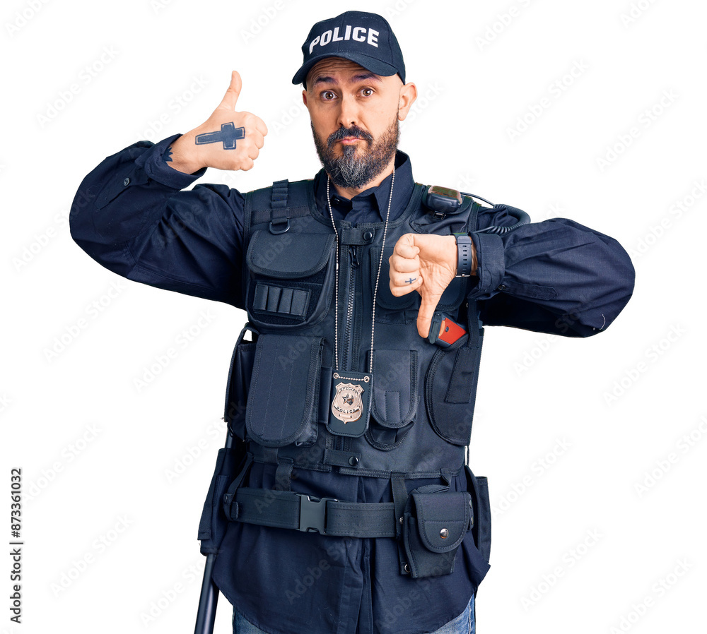 Young handsome man wearing police uniform doing thumbs up and down, disagreement and agreement expression. crazy conflict Young handsome man wearing police uniform doing thumbs up and down, disagreement and agreement expression. crazy conflict