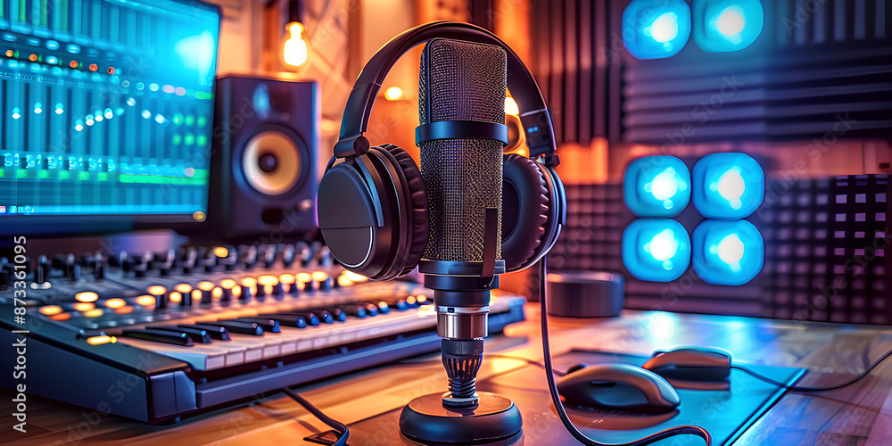 Fototapeta premium Professional recording studio with microphone, headphones, and mixing equipment illuminated by vibrant blue and purple lights for music production and podcasting
