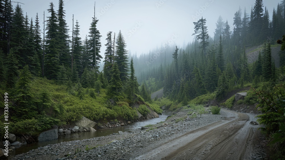 Fototapeta premium A winding dirt road leads through a misty forest with a small creek running along the side