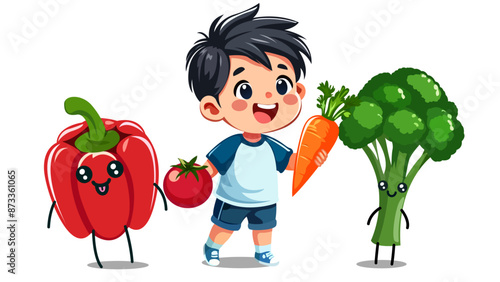 Cute boy with vegetables vector illustration. Cartoon small funny boy character standing with vegetables isolated on white.