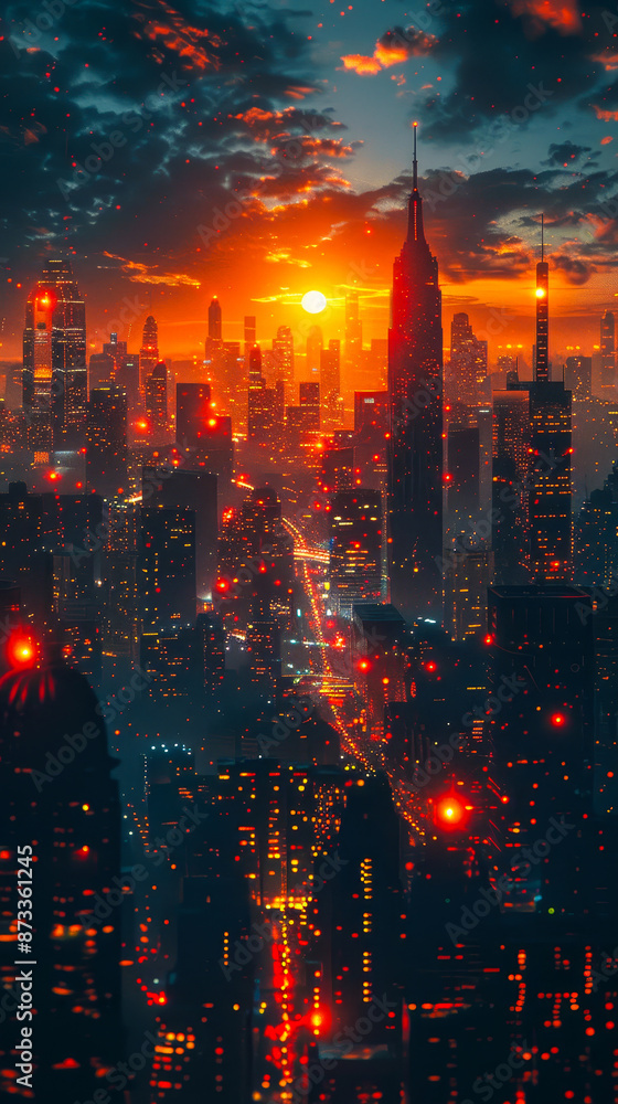 Obraz premium Futuristic Cyberpunk Metropolis at Sunset: A Technological Smart City in the Metaverse Showcasing Innovation and Progress