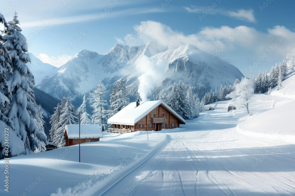 A serene snowy scene of a mountain cabin surrounded by frosted trees and snow-covered slopes. A serene snowy scene of a mountain cabin surrounded by frosted trees and snow-covered slopes.