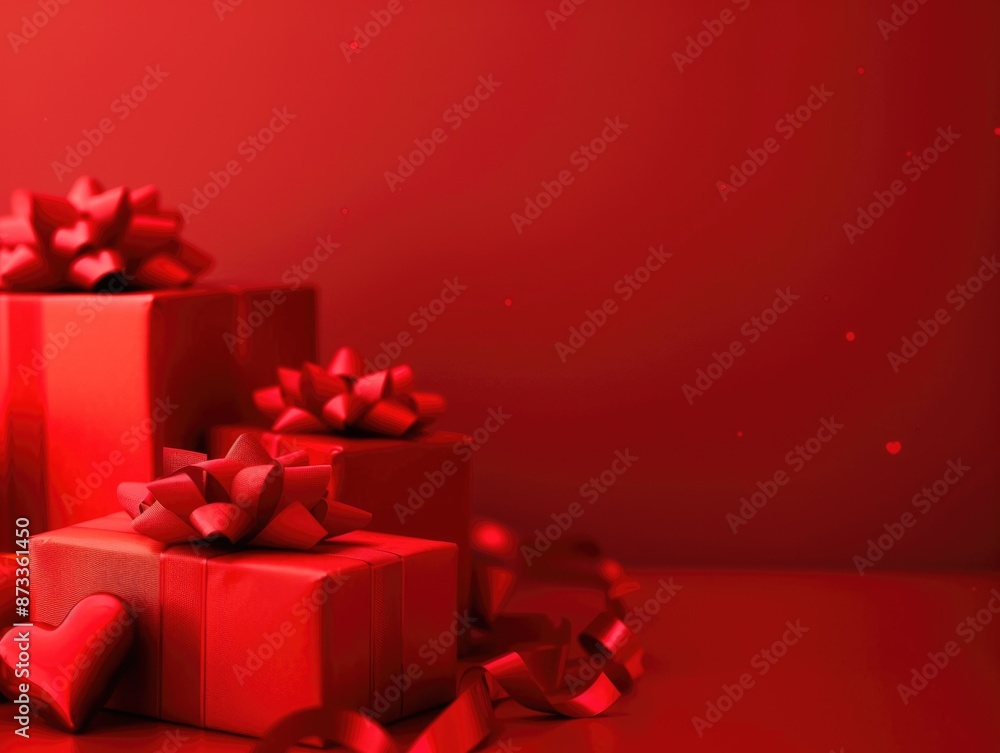 A red background with three red boxes on it. The boxes are wrapped in red ribbon and have bows on them. The boxes are arranged in a pyramid shape, with the largest box at the bottom A red background with three red boxes on it. The boxes are wrapped in red ribbon and have bows on them. The boxes are arranged in a pyramid shape, with the largest box at the bottom