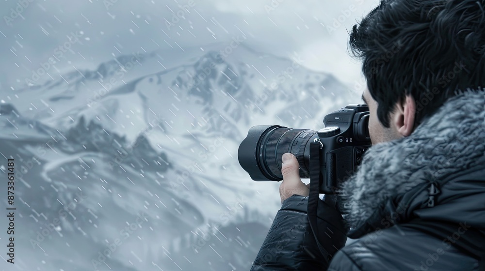 A photographer braves a winter storm to capture the beauty of a snowy mountain range