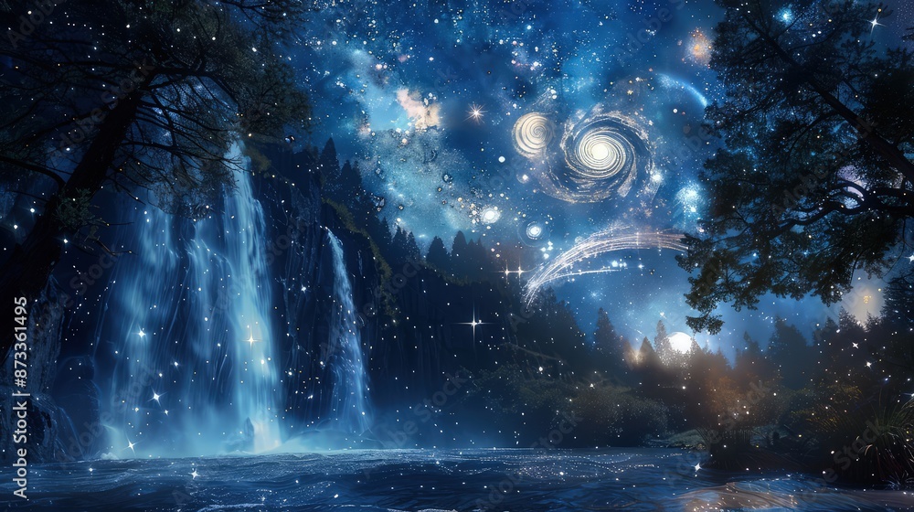 Fototapeta premium An enchanted glade where an ethereal waterfall cascades under a moonlit sky filled with sparkling stars and swirling constellations.
