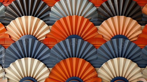 Detailed pattern of folded fans in vibrant orange, blue, and beige, creating a dynamic and 3D textured visual effect.