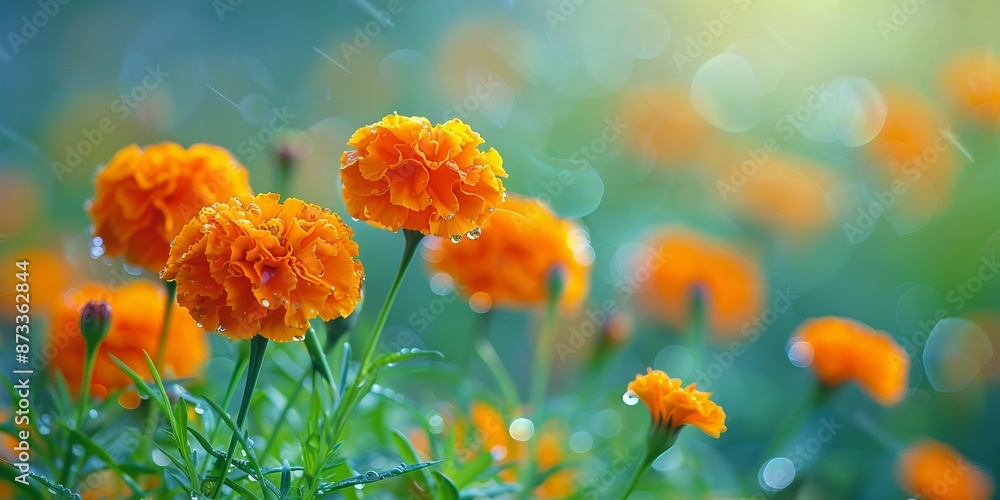 Obraz premium Vibrant Orange Marigolds in Dewy Morning Light Amidst a Soft Green Bokeh Background