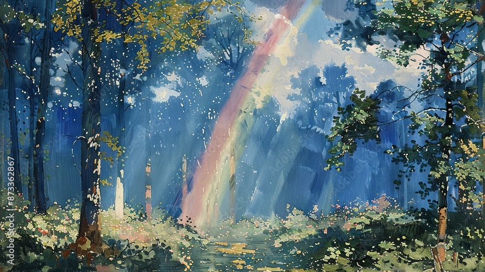 A stunning painting depicts a rainbow amidst a dense forest, with a serene stream flowing through the center A stunning painting depicts a rainbow amidst a dense forest, with a serene stream flowing through the center