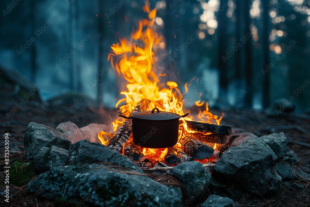 Campfire with a pot hanging over the flames