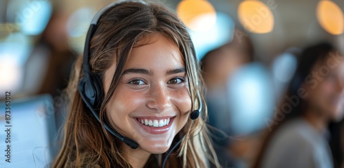 Smiling Customer Service Representative Wearing Headset in Office