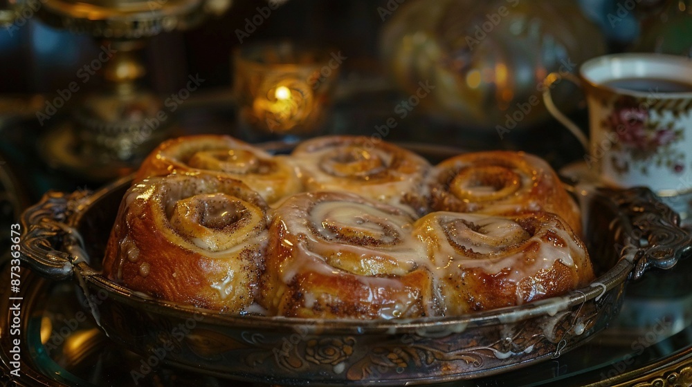 A plate of cinnamon rolls sits beside a mug of coffee and a mug of coffee on a saucer A plate of cinnamon rolls sits beside a mug of coffee and a mug of coffee on a saucer