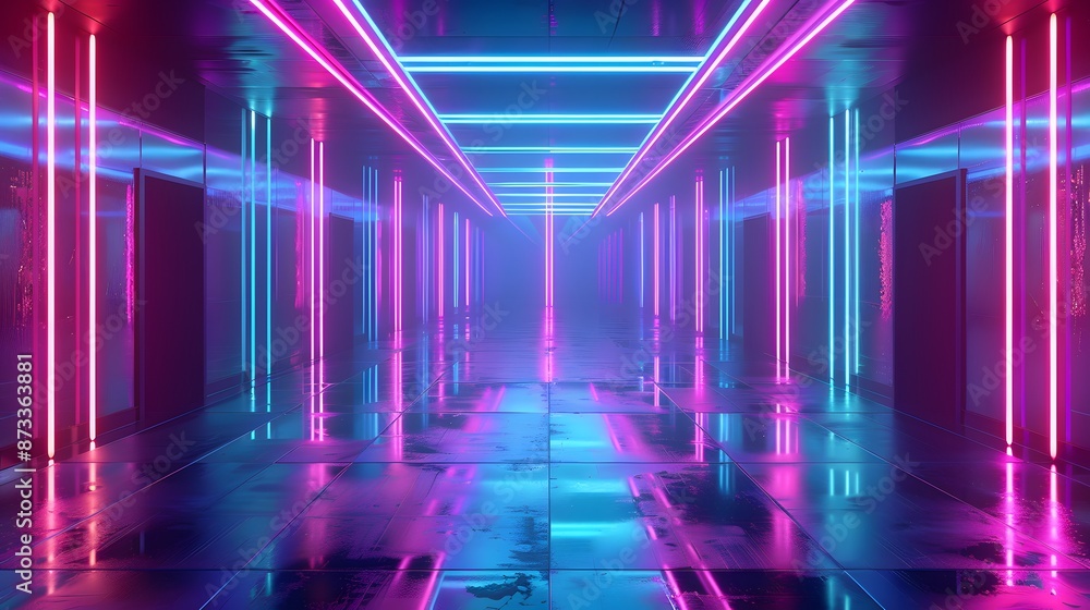 Neon-lit futuristic corridor with blue and pink lights, depicting a high-tech and modern environment with vibrant colors. Neon-lit futuristic corridor with blue and pink lights, depicting a high-tech and modern environment with vibrant colors.